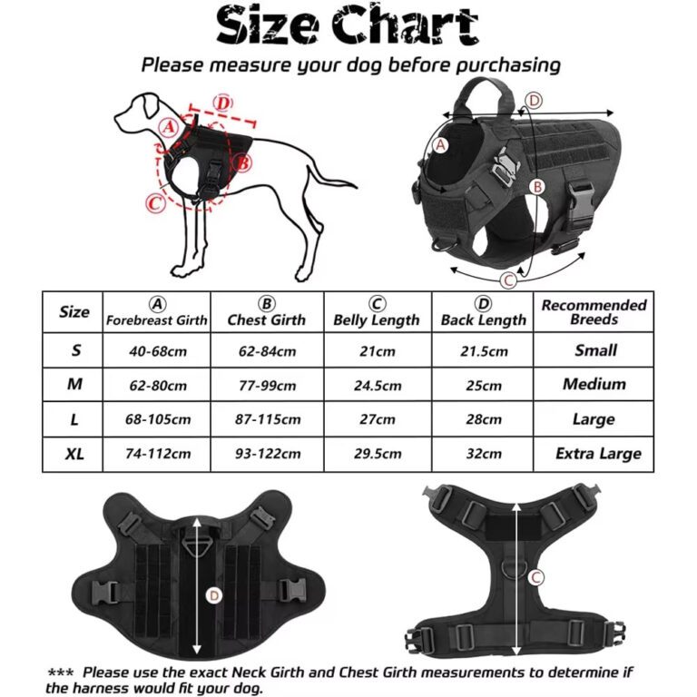 Dog harness size table